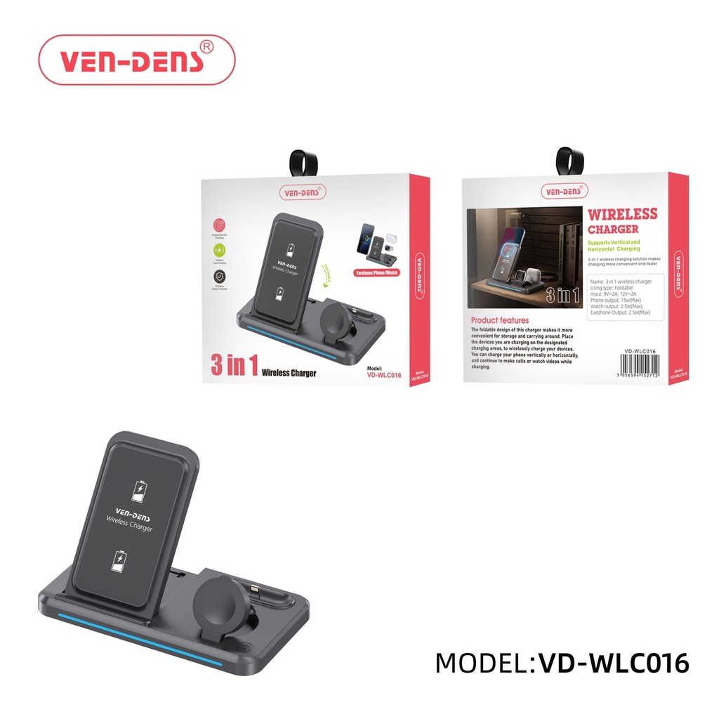 CARGADOR WIRELESS 3 IN 1 VD-WLC016
