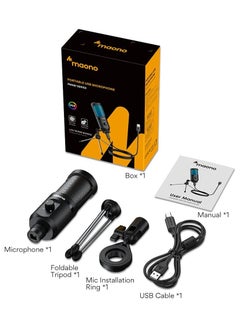 Micrófono portable MAONO PM461TR RGB, con Condesandor, Conexión USB, incluye Tripode